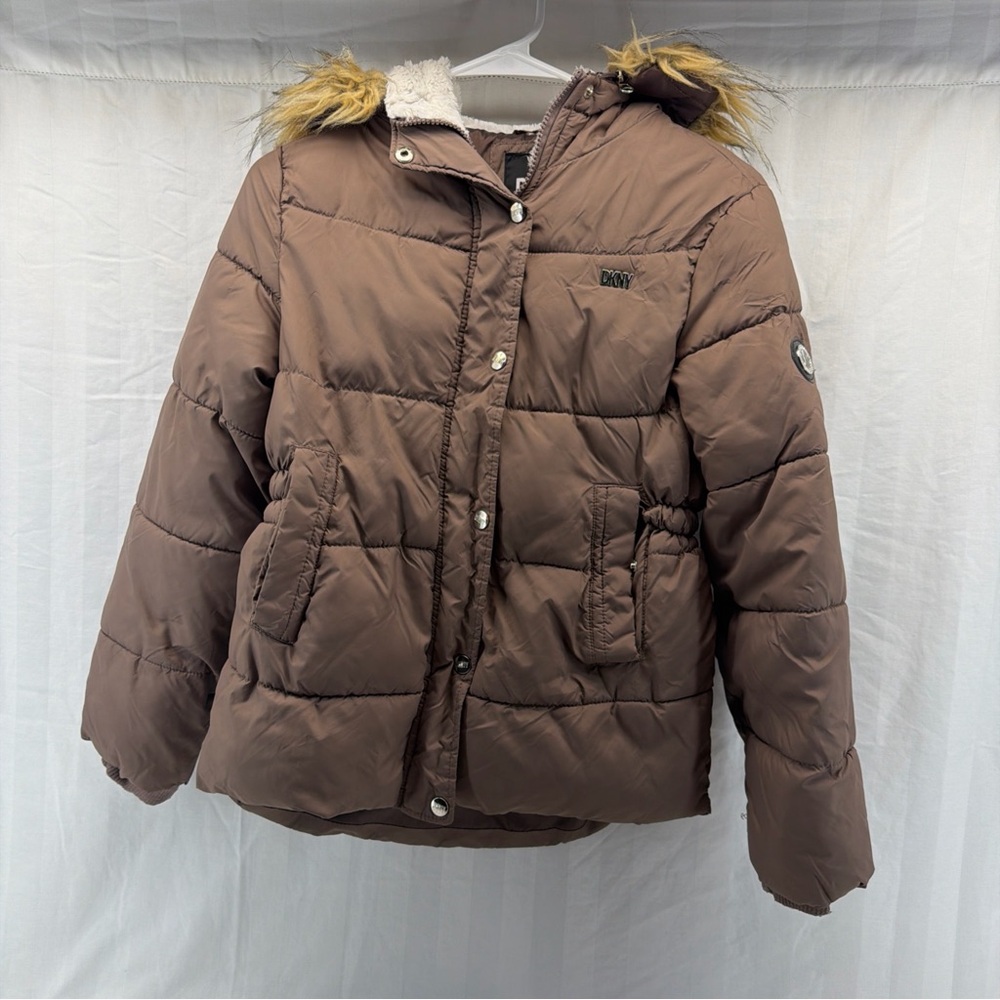 DKNY Chocolate‎ Puffer Jacket with Faux Fur Trim